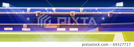empty soccer stadium with green lawn and blue tribunes empty soccer stadium with green lawn and blue tribunes 69327717