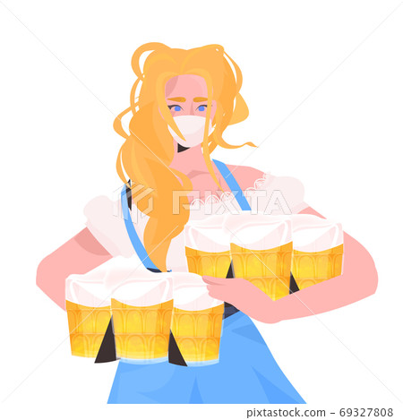 woman in medical mask holding beer mugs Oktoberfest party celebration coronavirus quarantine concept woman in medical mask holding beer mugs Oktoberfest party celebration coronavirus quarantine concept 69327808