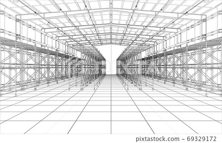 Drawing or sketch of warehouse with shelves 69329172