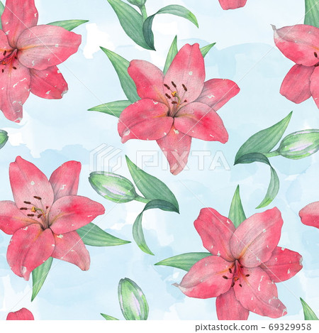 Floral seamless pattern of lilies. On a blue watercolor background Floral seamless pattern of lilies. On a blue watercolor background 69329958