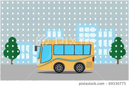 Vector illustration of a yellow tour bus traveling on a city road in the snow Vector illustration of a yellow tour bus traveling on a city road in the snow 69330775