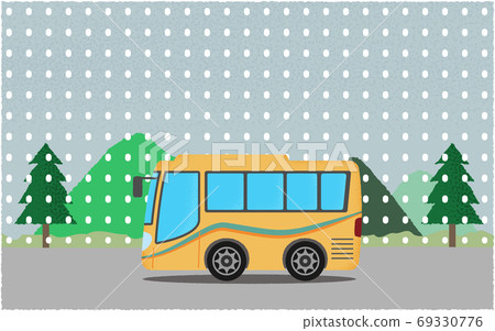 Vector illustration of a yellow sightseeing bus that follows the road along the mountain in the snow Vector illustration of a yellow sightseeing bus that follows the road along the mountain in the snow 69330776
