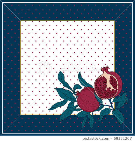 Silk scarf with pomegranate branch with fruits and flowers. Silk scarf with pomegranate branch with fruits and flowers. 69331207