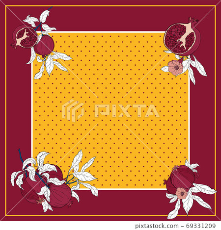 Silk scarf with pomegranate branch with fruits and flowers. 69331209