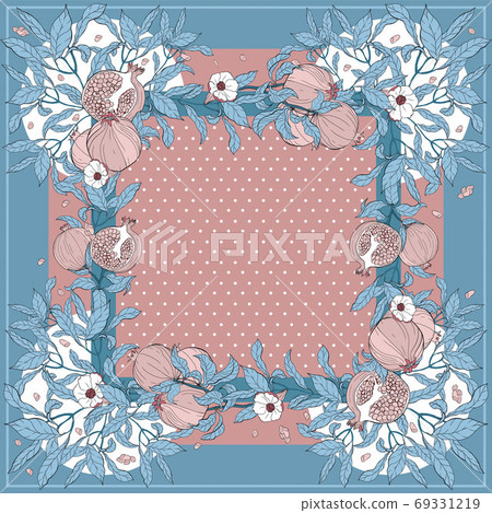 Silk scarf with pomegranate branch with fruits and flowers. 69331219