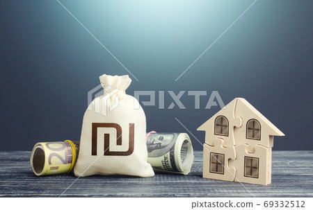 Israeli shekel money bag and puzzle house. Housing cooperative membership. Property valuation. State social programs. Mortgage loan on purchase, building maintenance and utility services costs. 69332512