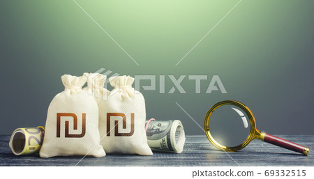Israeli shekel money bags and magnifying glass. Budget revision. Monitoring of suspicious transactions, cash flows and the legality of the origin of capital. Finding financial resources, fund projects 69332515