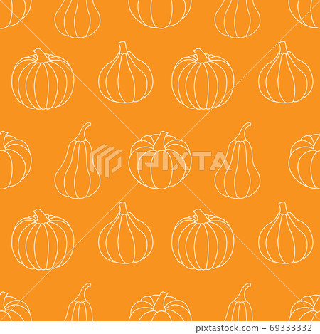 Seamless pattern with white outline pumpkins on a orange background. Vector illustration. For minimalistic background decoration, cards, banners, holiday designs, prints, wrappings, textiles, fabrics. Seamless pattern with white outline pumpkins on a orange background. Vector illustration. For minimalistic background decoration, cards, banners, holiday designs, prints, wrappings, textiles, fabrics. 69333332