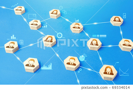 Connections between people. Meritocracy and autonomy. Communication coordination. Exchange of information in company. Submission, subordination and coordination. Collaboration, teamwork. 69334014