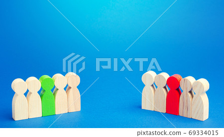 The two opposing sides. Resolution of conflict through negotiations. Mediation and Arbitration. Concluding a truce, end of confrontation. Competition, rivalry between teams. Deescalation of dispute. 69334015