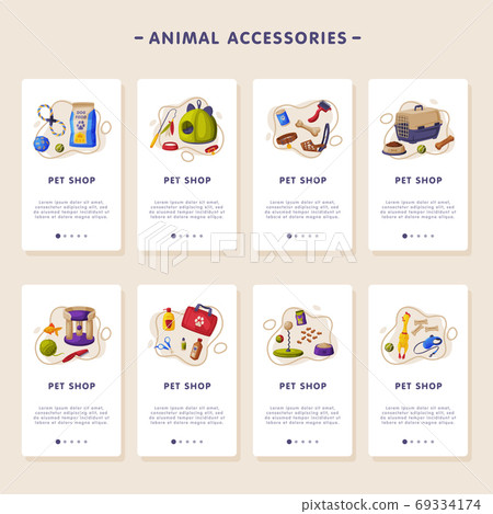 Animal Accessories Mobile App Onboarding Screens, Pet Shop, Food, Toys, Products for Care Webpages Cartoon Vector Illustration 69334174