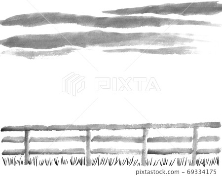 牧場的天空和草坪背景（手繪墨跡圖） 69334175