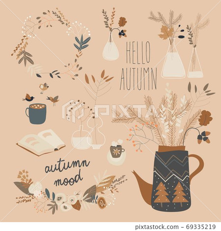 Cartoon autumn plants in different bottles. Autumn mood Cartoon autumn plants in different bottles. Autumn mood 69335219