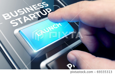 Business Startup - Man Pushing Button on Futuristic Interface. Business Startup - Man Pushing Button on Futuristic Interface. 69335313