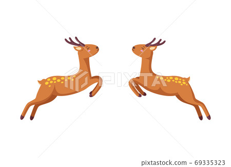 Two reindeers jumping to each other. Woodland deers in cartoon style. Vector illustration 69335323