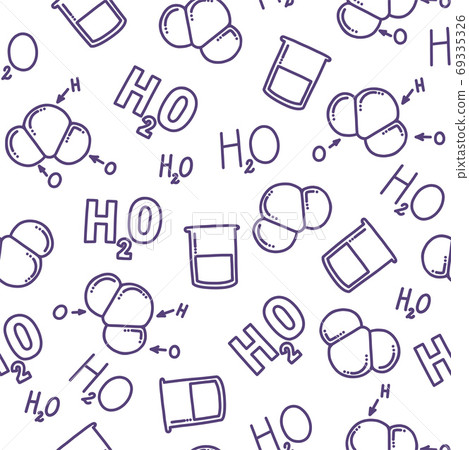 Chemical seamless pattern with H2O. Molecule, liquid and chemical formula of water. Hand drawn pattern for backgrounds and prints. Vector illustration in doodle style 69335326