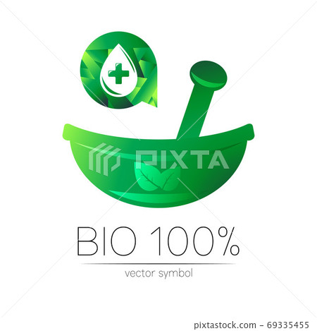 Green herbal bowl vector logotype. Concept symbol with cross in circle for medical, clinic, pharmacy business or shop. Nature design with leaf element. ECO label or logo. Traditional herbal therapy. 69335455