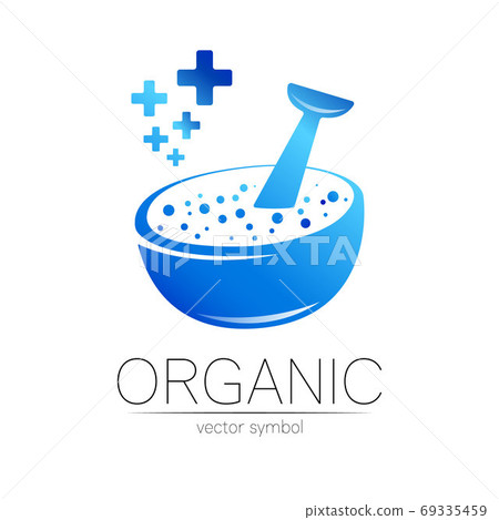 Organic vector symbol in blue color. Concept logo for business. Herbal sign with few cross for medicine, homeopathy, therapy and pharmacy. Logotype with mortar and pestle isolated on white background. Organic vector symbol in blue color. Concept logo for business. Herbal sign with few cross for medicine, homeopathy, therapy and pharmacy. Logotype with mortar and pestle isolated on white background. 69335459