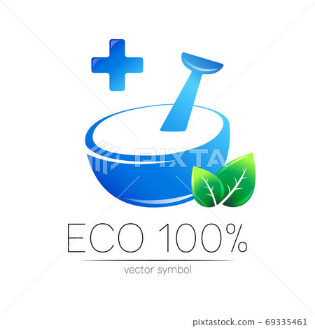 Vector mortar and pestle symbol logo with green leaves and blue cross. Ecology icon concept for medicine, vegetarian, therapy, pharmacology and business. Organic sign illustration. Modern logotype Vector mortar and pestle symbol logo with green leaves and blue cross. Ecology icon concept for medicine, vegetarian, therapy, pharmacology and business. Organic sign illustration. Modern logotype 69335461