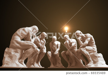 Five thinkers and one of them has a glowing light bulb above his head as a symbol of a new idea Five thinkers and one of them has a glowing light bulb above his head as a symbol of a new idea 69335489