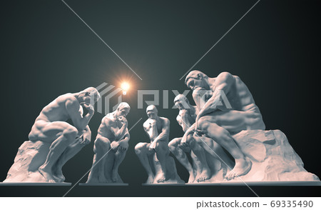 Team of thinkers and one of them has a glowing light bulb above his head as a symbol of a new idea Team of thinkers and one of them has a glowing light bulb above his head as a symbol of a new idea 69335490