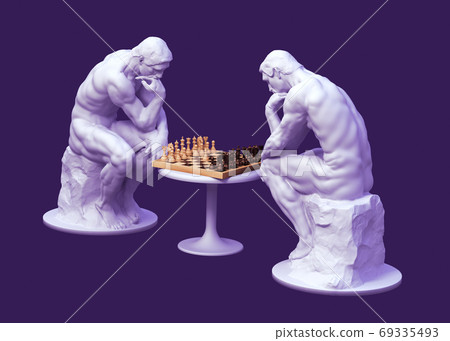 Two Thinkers Pondering The Chess Game On Purple Background Two Thinkers Pondering The Chess Game On Purple Background 69335493