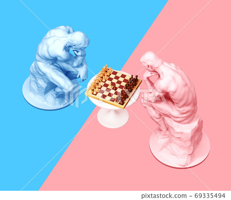 Two Thinkers Pondering The Chess Game On Blue And Pink Backgrounds Two Thinkers Pondering The Chess Game On Blue And Pink Backgrounds 69335494