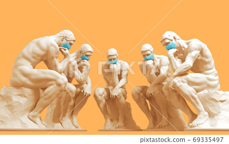 Five thinkers in medical masks ponder a solution to a problem 69335497