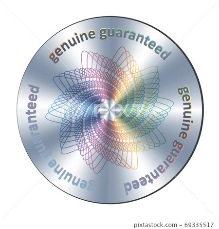 Genuine guaranteed metallic round hologram realistic sticker, sign, icon, emblem, badge. Vector genuine element for product quality guarantee and label design. 69335517