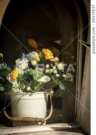 Artificial Flowers behind a Window Pane - Liguria Italy Artificial Flowers behind a Window Pane - Liguria Italy 69335637