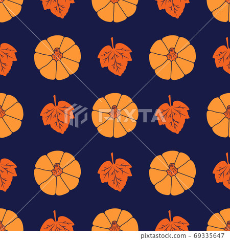 Colorful Pumpkins with leaves on a navy blue background. Seamless vector pattern. Cute autumn illustrations for holiday decorations, festive cards, banners, wrappings, prints, fabrics, modern textiles Colorful Pumpkins with leaves on a navy blue background. Seamless vector pattern. Cute autumn illustrations for holiday decorations, festive cards, banners, wrappings, prints, fabrics, modern textiles 69335647