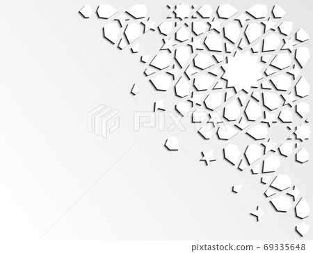 Geometric creative modern design. Arabic 3d isometric white geometric mosaic vector pattern with stars for background, card, banner. Geometric creative modern design. Arabic 3d isometric white geometric mosaic vector pattern with stars for background, card, banner. 69335648