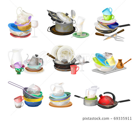 Piles of Dirty Dishes and Utensils with Plates and Cups Vector Set Piles of Dirty Dishes and Utensils with Plates and Cups Vector Set 69335911