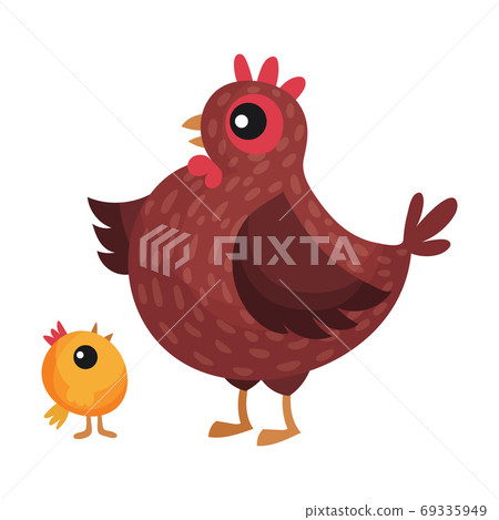 Hen with Yellow Chick Walking in the Yard Vector Illustration Hen with Yellow Chick Walking in the Yard Vector Illustration 69335949
