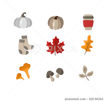Set of vector hand drawn autumn elements. Autumn leaves, mushrooms, socks, pumpkin and mug. Fall Items for Thanksgiving Day design 69336262