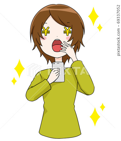 A smiling woman whose eyes are a mark of money when she looks at her smartphone A smiling woman whose eyes are a mark of money when she looks at her smartphone 69337052