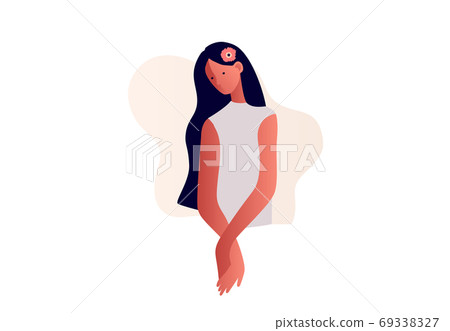 Sad lonely depressed girl sitting on the floor. Young unhappy woman hugging her knees. Sad lonely depressed girl sitting on the floor. Young unhappy woman hugging her knees. 69338327