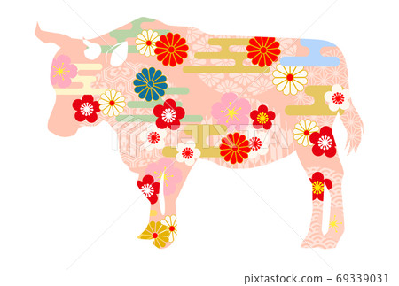 Japanese pattern cherry-colored ox silhouette - Stock Illustration ...