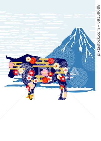 2021 New Year's card-Ukiyo-e style Mt. Fuji and Japanese pattern ox 69339088