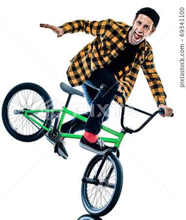 BMX rider cyclist cycling freestyle acrobatic stunt isolated white background 69341100