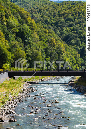 mountain river and bridge. Vertical mountain river and bridge. Vertical 69341216