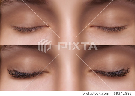 Eyelash Extension. Comparison of female eyes before and after. Eyelash Extension. Comparison of female eyes before and after. 69341885