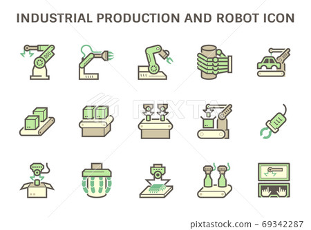 Industrial production icon such as robot, production line, box packaging and other vector icon set design. Industrial production icon such as robot, production line, box packaging and other vector icon set design. 69342287
