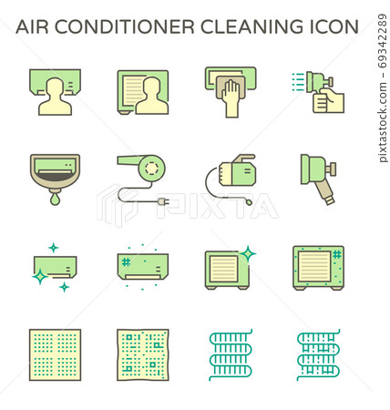 Air conditioner and air compressor cleaning work and tools vector icon set design, editable stroke. 69342289