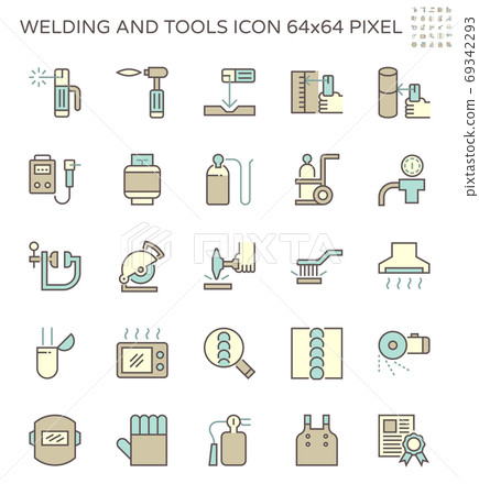Welding work and tools such as welding torch, gas cutting tool and other vector icon set design, 64x64 perfect pixel and editable stroke. Welding work and tools such as welding torch, gas cutting tool and other vector icon set design, 64x64 perfect pixel and editable stroke. 69342293