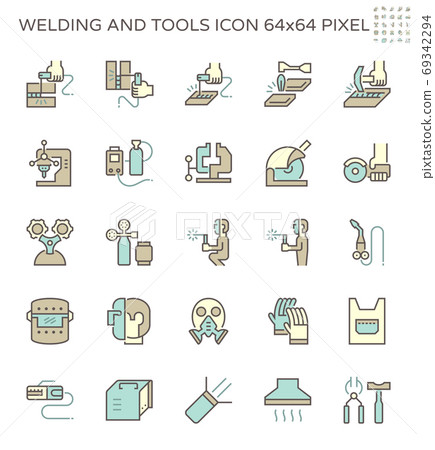 Welding work and tools such as welding torch, gas cutting tool and other vector icon set design, 64x64 perfect pixel and editable stroke. Welding work and tools such as welding torch, gas cutting tool and other vector icon set design, 64x64 perfect pixel and editable stroke. 69342294