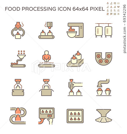 Food processing industry bakery on production line vector icon set design, 64x64 pixel perfect and editable stroke. Food processing industry bakery on production line vector icon set design, 64x64 pixel perfect and editable stroke. 69342296