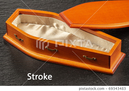 Inscription Stroke on black background near empty wooden coffin. Stroke disease concept Inscription Stroke on black background near empty wooden coffin. Stroke disease concept 69343483