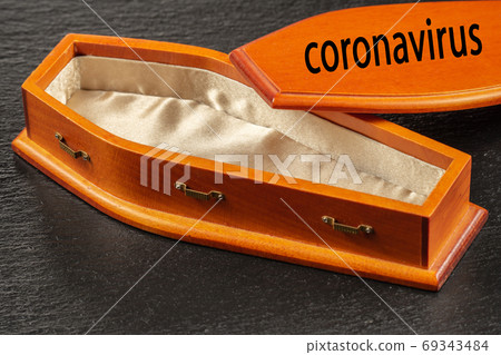 Inscription Coronavirus on empty wooden coffin lid. Coronavirus disease concept 69343484