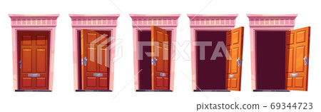 Opening wooden front door with stone frame Opening wooden front door with stone frame 69344723
